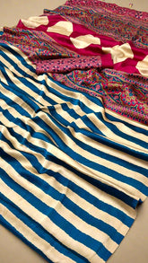 Gold and Peacock Blue Striped Ajrakh Satin Gajji Silk Saree